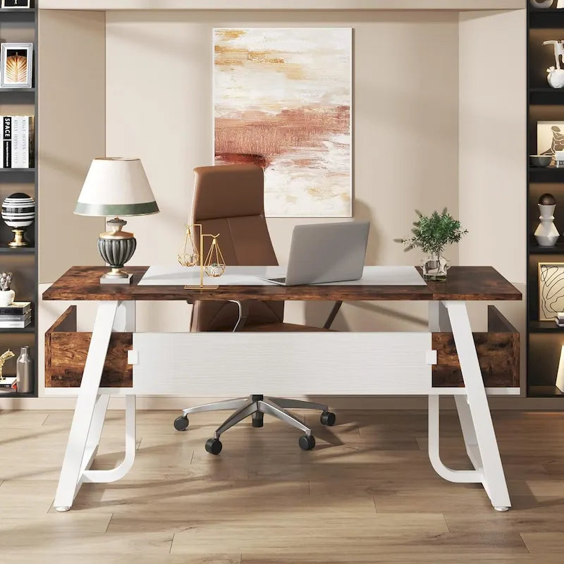 Gris-Noir / Brun-Noir / Brun-Blanc Bureau de direction de 160 cm avec étagères inférieures – 1 personne