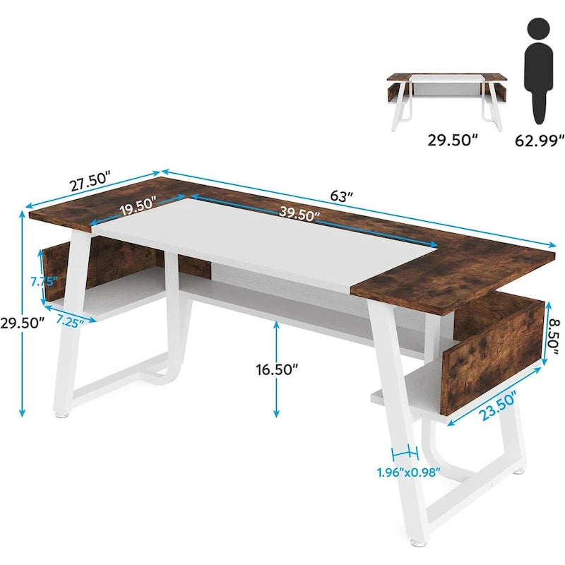 Gris-Noir / Brun-Noir / Brun-Blanc Bureau de direction de 160 cm avec étagères inférieures – 1 personne