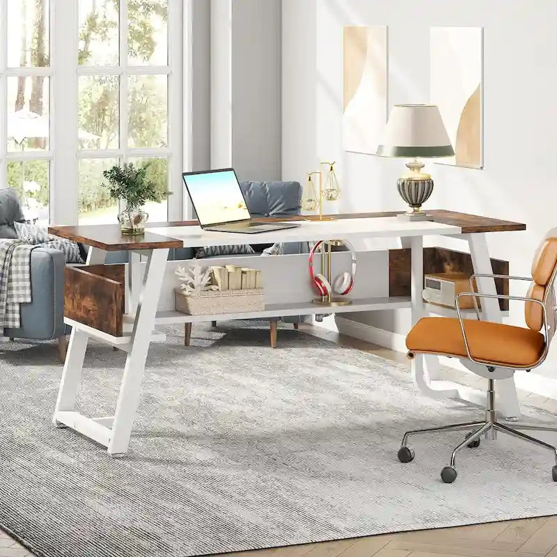 Gris-Noir / Brun-Noir / Brun-Blanc Bureau de direction de 160 cm avec étagères inférieures – 1 personne