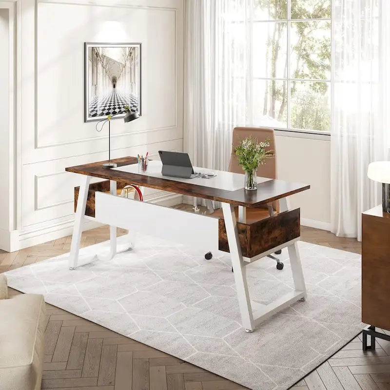 Gris-Noir / Brun-Noir / Brun-Blanc Bureau de direction de 160 cm avec étagères inférieures – 1 personne