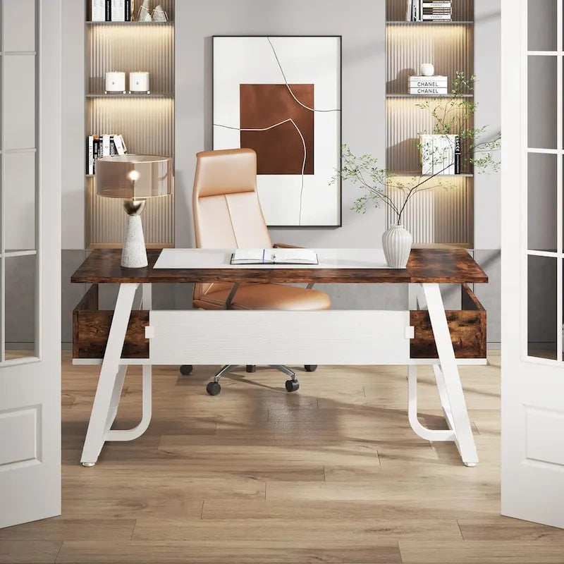Gris-Noir / Brun-Noir / Brun-Blanc Bureau de direction de 160 cm avec étagères inférieures – 1 personne
