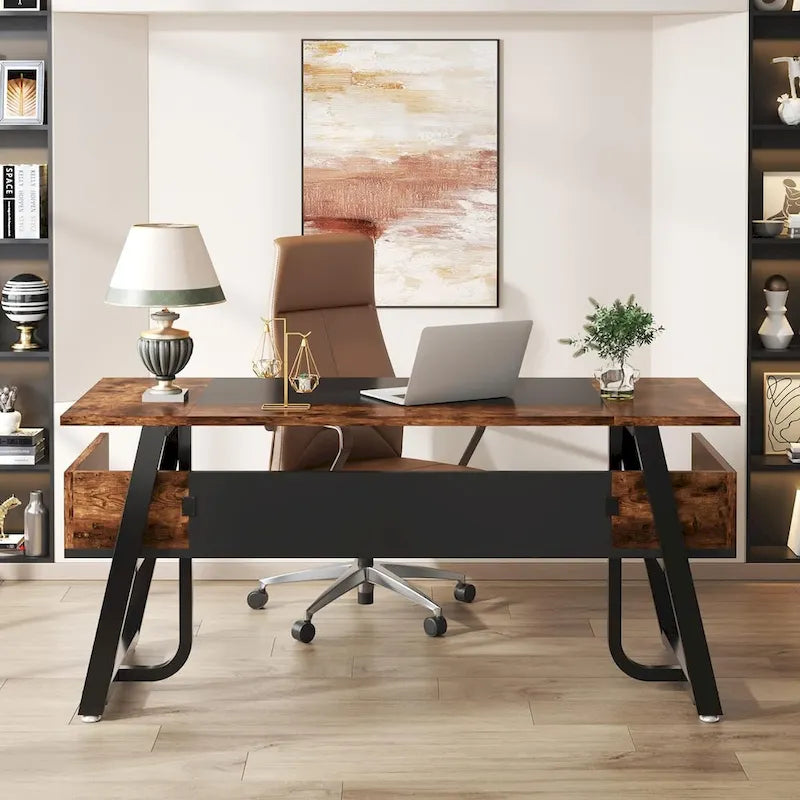 Gris-Noir / Brun-Noir / Brun-Blanc Bureau de direction de 160 cm avec étagères inférieures – 1 personne