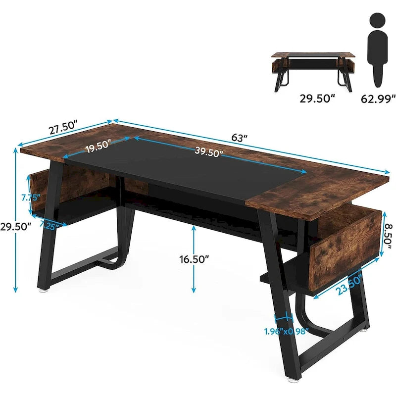 Gris-Noir / Brun-Noir / Brun-Blanc Bureau de direction de 160 cm avec étagères inférieures – 1 personne