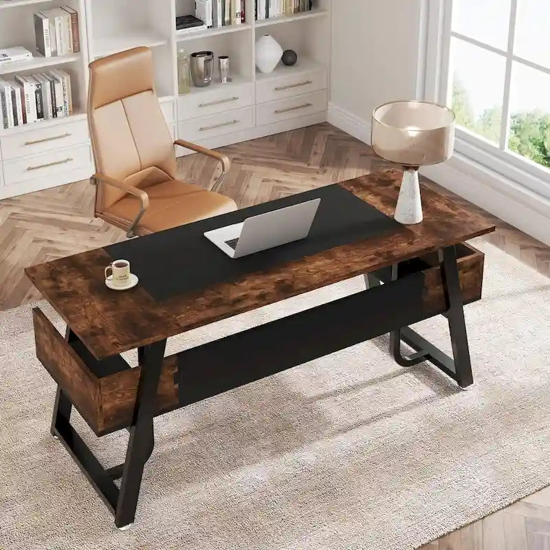 Gris-Noir / Brun-Noir / Brun-Blanc Bureau de direction de 160 cm avec étagères inférieures – 1 personne