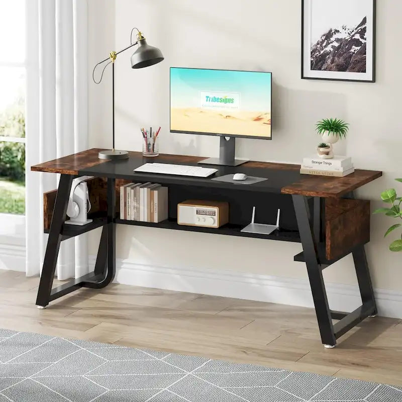 Gris-Noir / Brun-Noir / Brun-Blanc Bureau de direction de 160 cm avec étagères inférieures – 1 personne