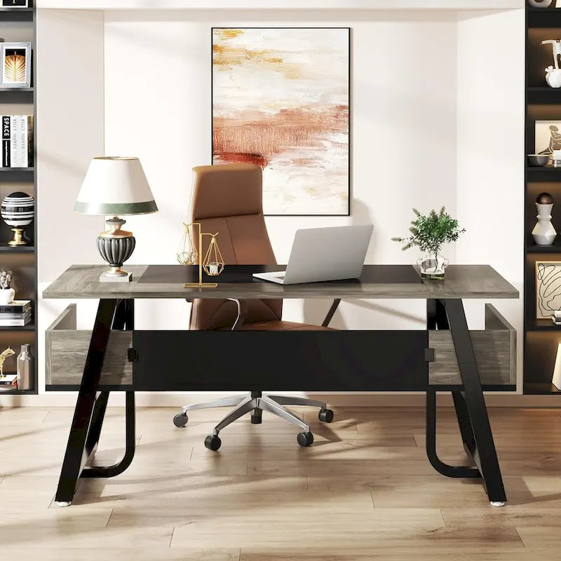 Gris-Noir / Brun-Noir / Brun-Blanc Bureau de direction de 160 cm avec étagères inférieures – 1 personne