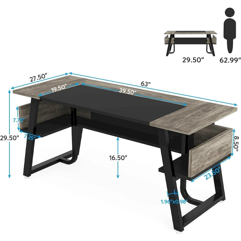 Gris-Noir / Brun-Noir / Brun-Blanc Bureau de direction de 160 cm avec étagères inférieures – 1 personne