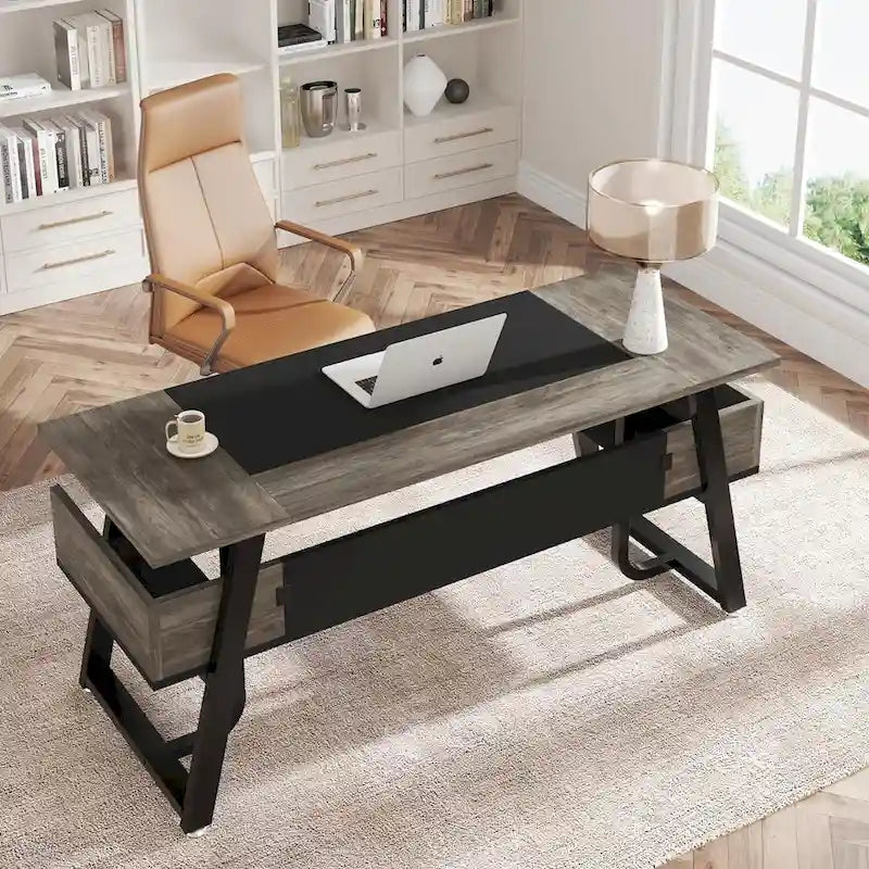 Gris-Noir / Brun-Noir / Brun-Blanc Bureau de direction de 160 cm avec étagères inférieures – 1 personne