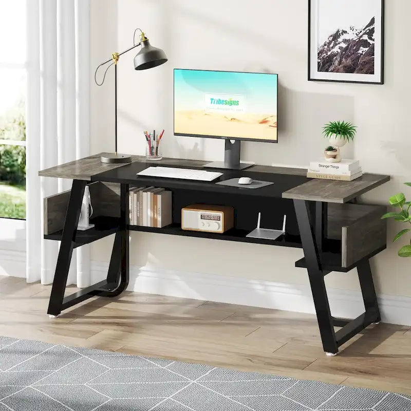 Gris-Noir / Brun-Noir / Brun-Blanc Bureau de direction de 160 cm avec étagères inférieures – 1 personne
