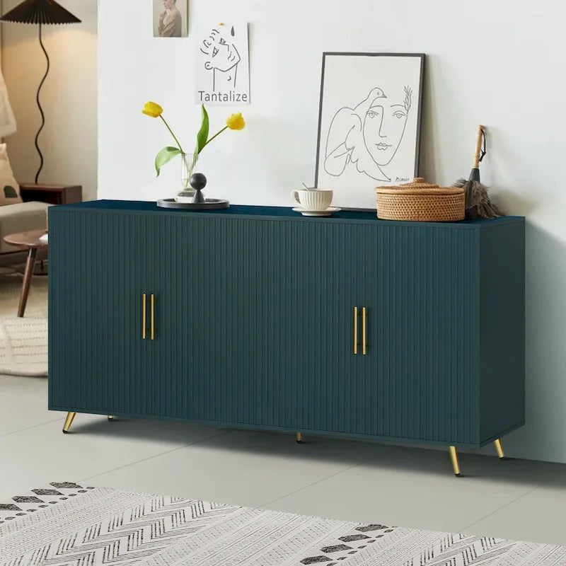 Meuble TV vert en MDF 4 portes de 152 cm avec placage en bois, pieds dorés et étagères réglables – Convient aux téléviseurs jusqu'à 65 pouces