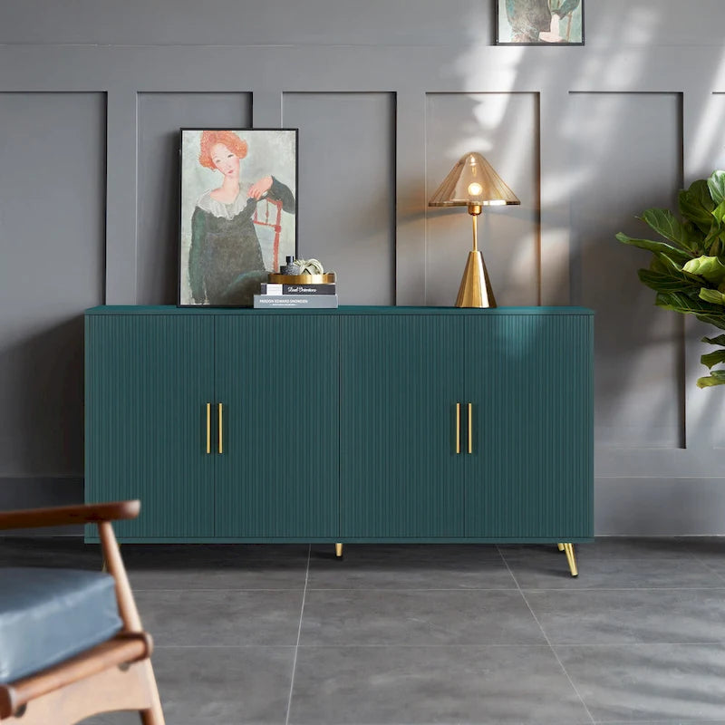 Meuble TV vert en MDF 4 portes de 152 cm avec placage en bois, pieds dorés et étagères réglables – Convient aux téléviseurs jusqu'à 65 pouces
