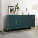 Meuble TV vert en MDF 4 portes de 152 cm avec placage en bois, pieds dorés et étagères réglables – Convient aux téléviseurs jusqu'à 65 pouces