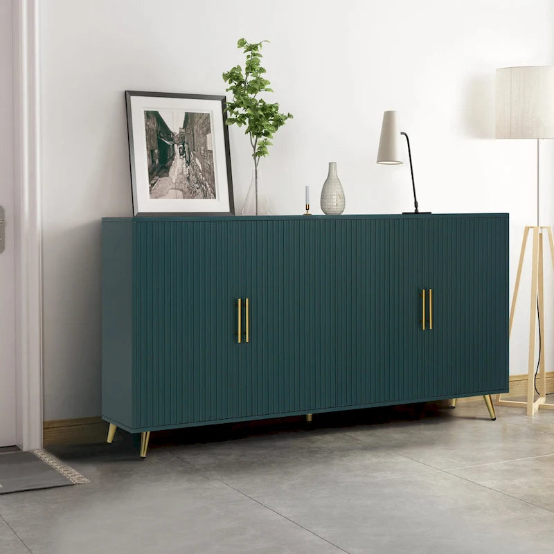 Meuble TV vert en MDF 4 portes de 152 cm avec placage en bois, pieds dorés et étagères réglables – Convient aux téléviseurs jusqu'à 65 pouces