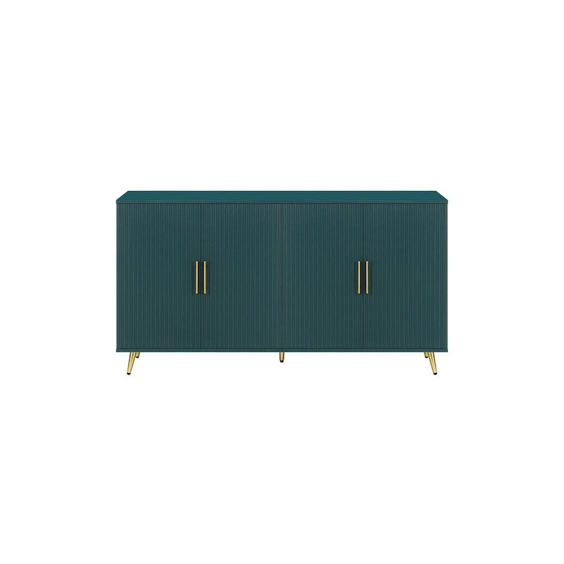 Meuble TV vert en MDF 4 portes de 152 cm avec placage en bois, pieds dorés et étagères réglables – Convient aux téléviseurs jusqu'à 65 pouces