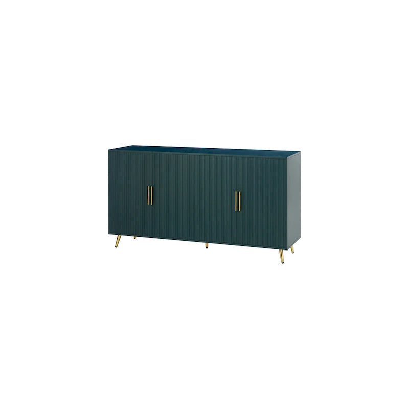 Meuble TV vert en MDF 4 portes de 152 cm avec placage en bois, pieds dorés et étagères réglables – Convient aux téléviseurs jusqu'à 65 pouces