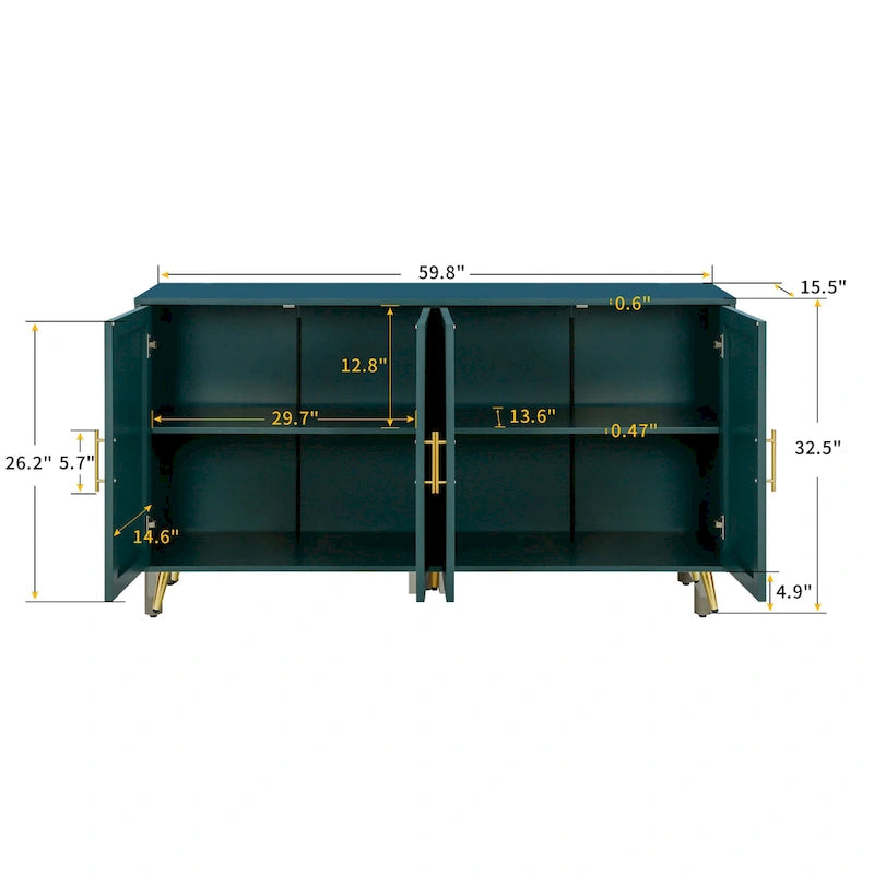 Meuble TV vert en MDF 4 portes de 152 cm avec placage en bois, pieds dorés et étagères réglables – Convient aux téléviseurs jusqu'à 65 pouces