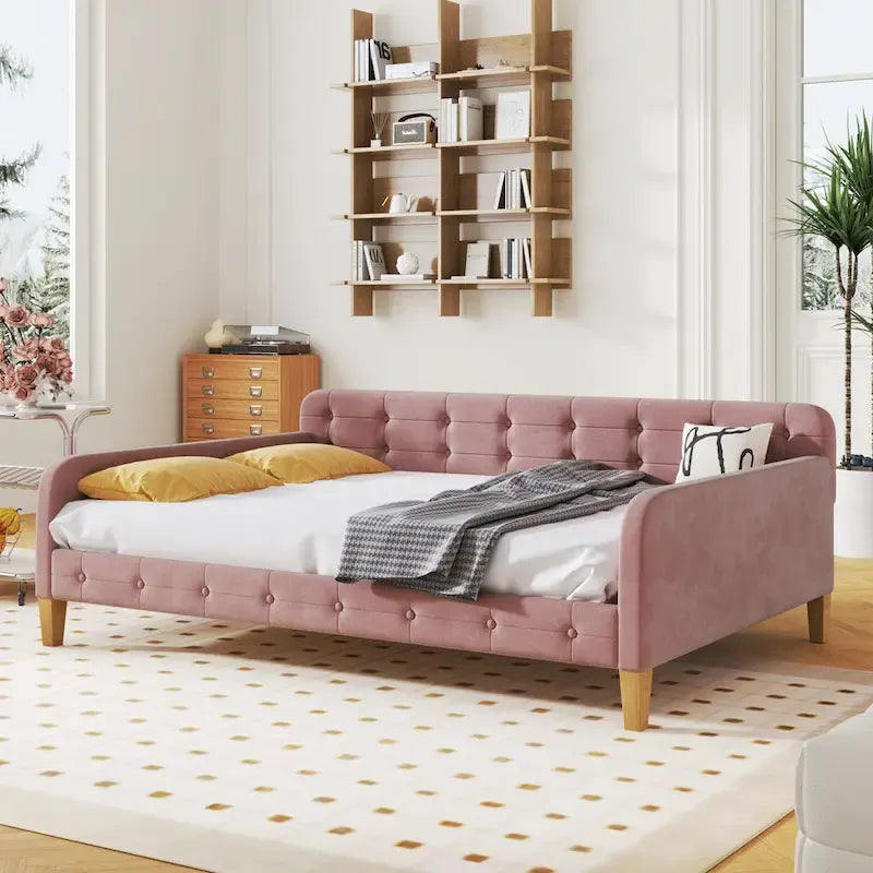 Lit de repos double en velours rose avec 2 accoudoirs et une tête de lit moelleuse – 1 personne
