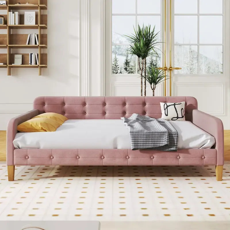 Lit de repos double en velours rose avec 2 accoudoirs et une tête de lit moelleuse – 1 personne