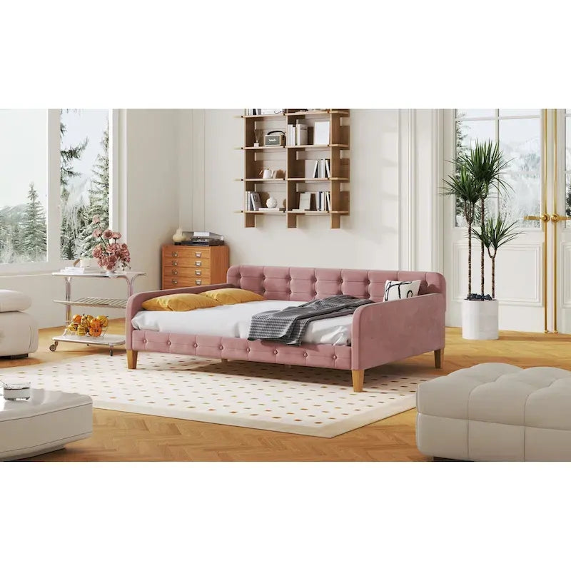 Lit de repos double en velours rose avec 2 accoudoirs et une tête de lit moelleuse – 1 personne
