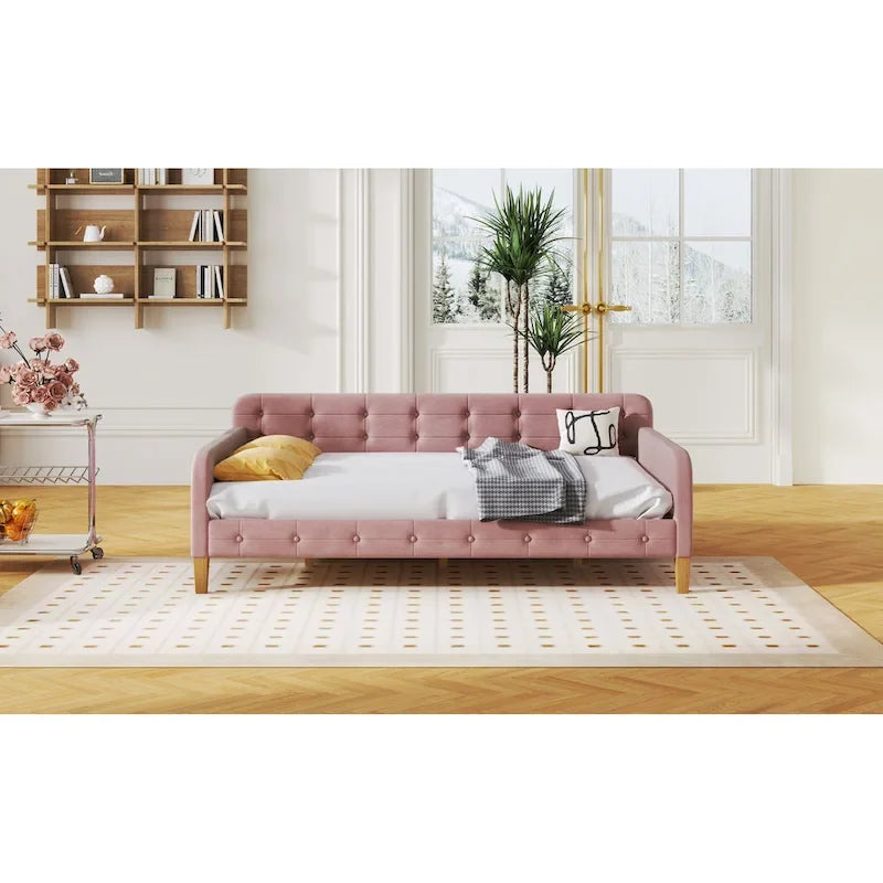 Lit de repos double en velours rose avec 2 accoudoirs et une tête de lit moelleuse – 1 personne