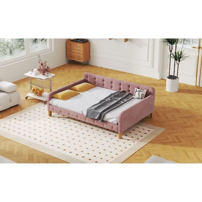 Lit de repos double en velours rose avec 2 accoudoirs et une tête de lit moelleuse – 1 personne
