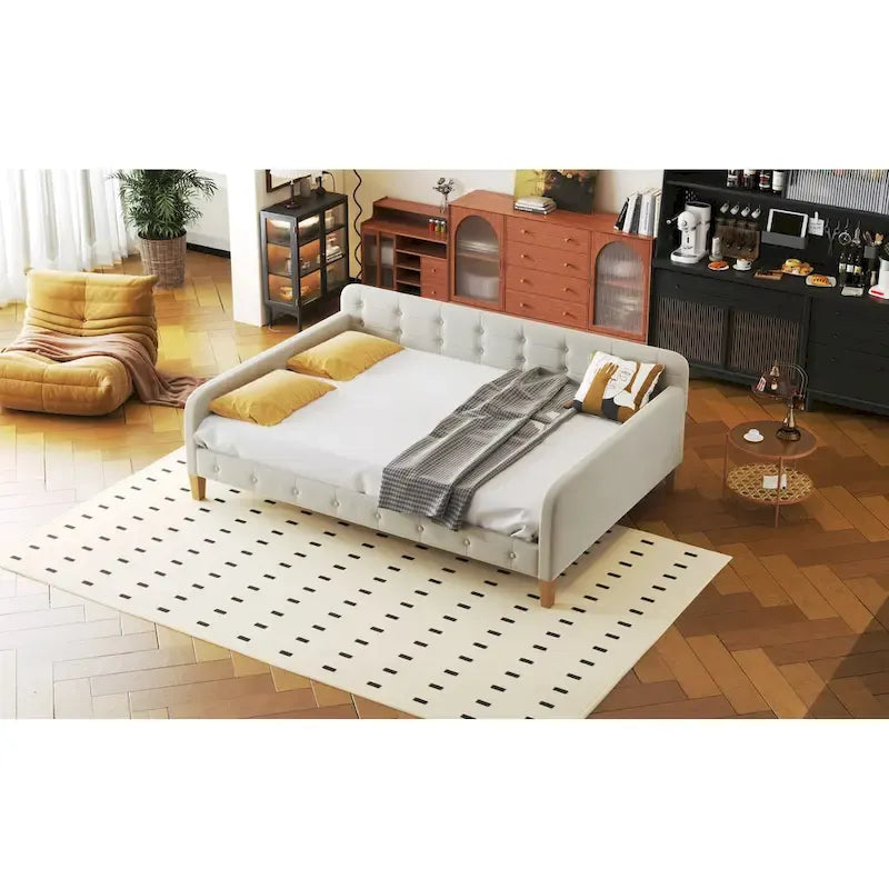 Lit de repos double en velours rose avec 2 accoudoirs et une tête de lit moelleuse – 1 personne
