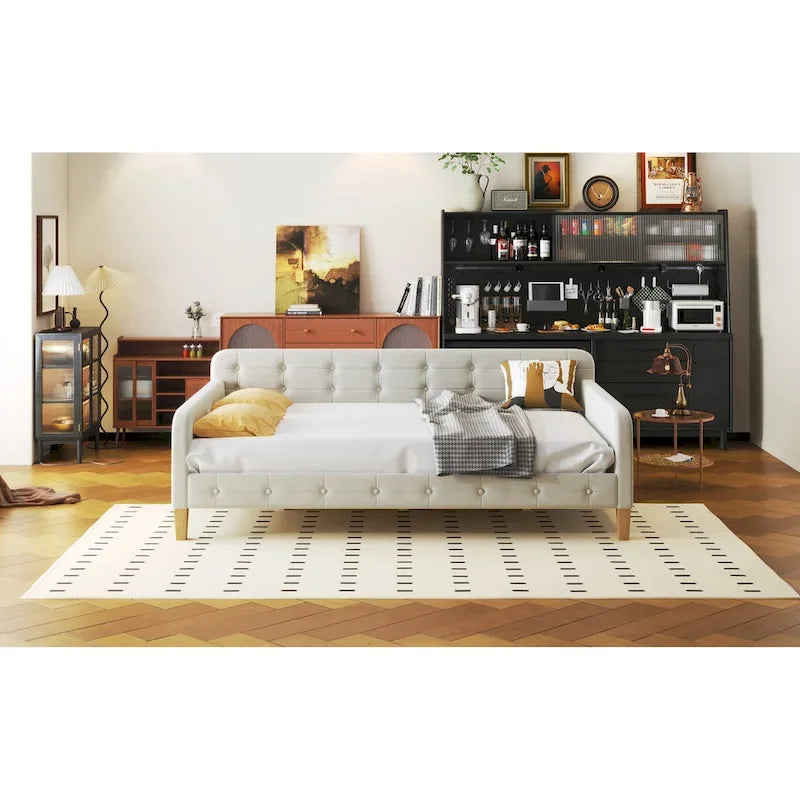 Lit de repos double en velours rose avec 2 accoudoirs et une tête de lit moelleuse – 1 personne