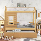 Lit cabane double en pin naturel avec garde-corps et lit gigogne double – 1 personne
