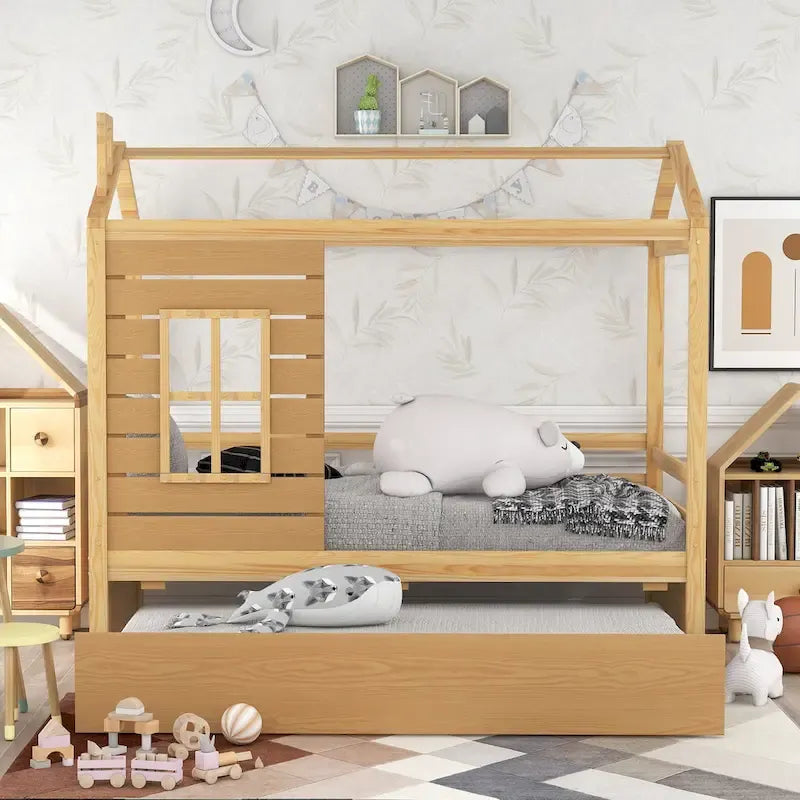Lit cabane double en pin naturel avec garde-corps et lit gigogne double – 1 personne