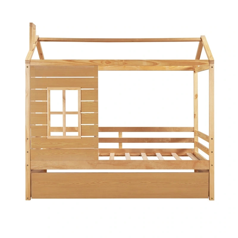 Lit cabane double en pin naturel avec garde-corps et lit gigogne double – 1 personne