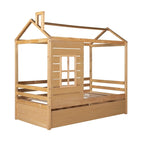 Lit cabane double en pin naturel avec garde-corps et lit gigogne double – 1 personne