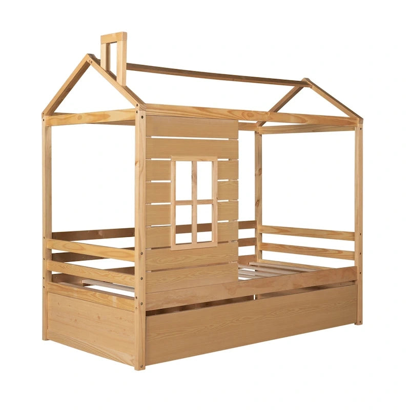 Lit cabane double en pin naturel avec garde-corps et lit gigogne double – 1 personne