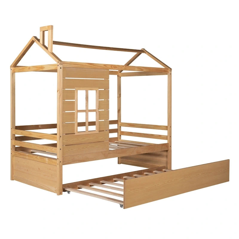 Lit cabane double en pin naturel avec garde-corps et lit gigogne double – 1 personne