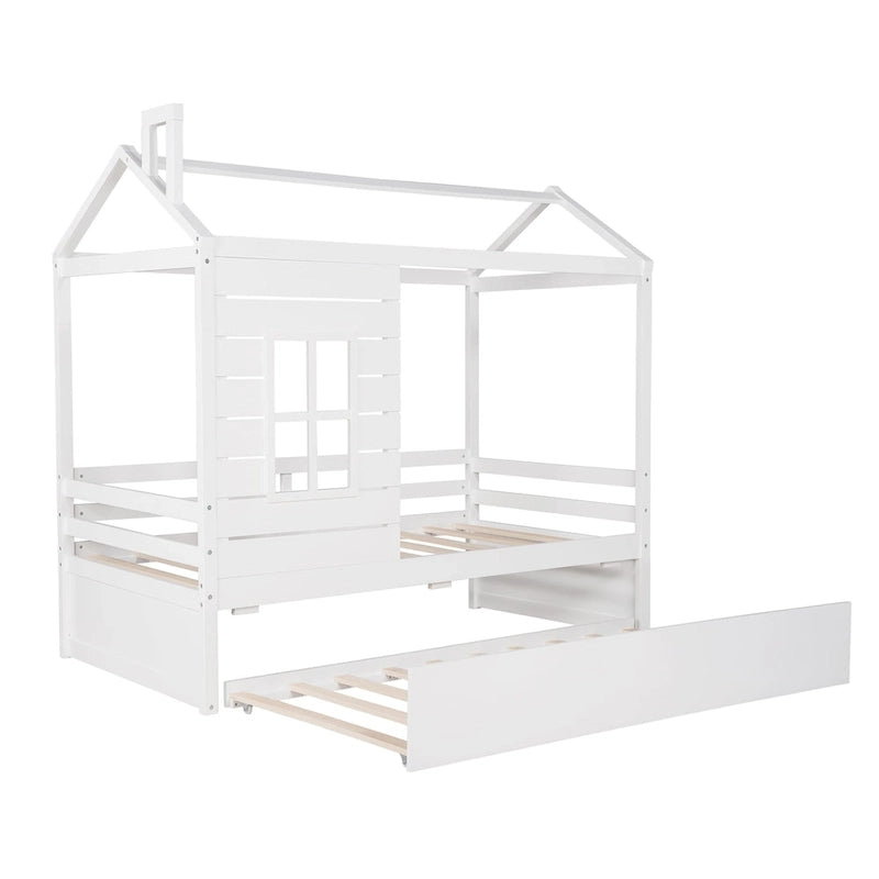 Lit cabane double en pin naturel avec garde-corps et lit gigogne double – 1 personne
