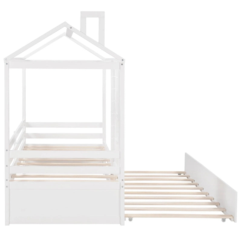 Lit cabane double en pin naturel avec garde-corps et lit gigogne double – 1 personne