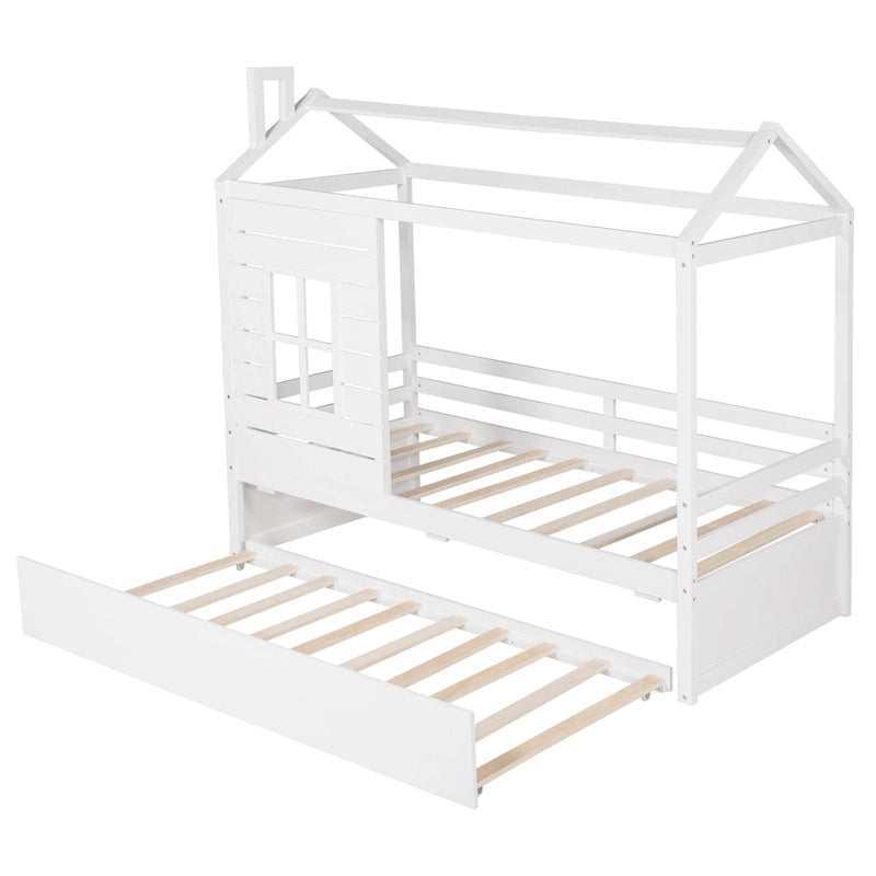 Lit cabane double en pin naturel avec garde-corps et lit gigogne double – 1 personne