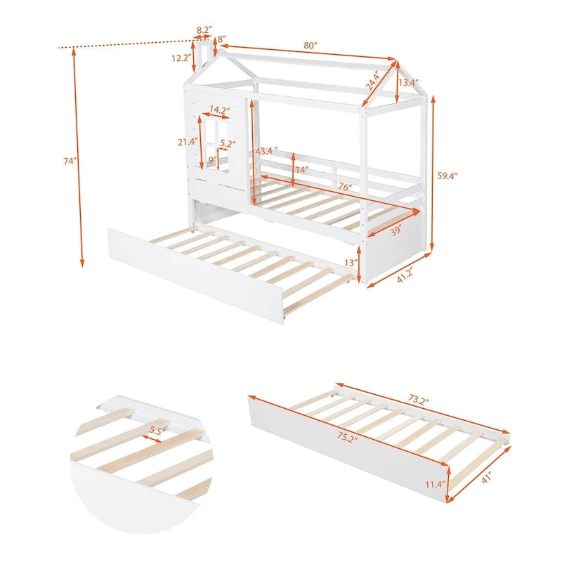 Lit cabane double en pin naturel avec garde-corps et lit gigogne double – 1 personne