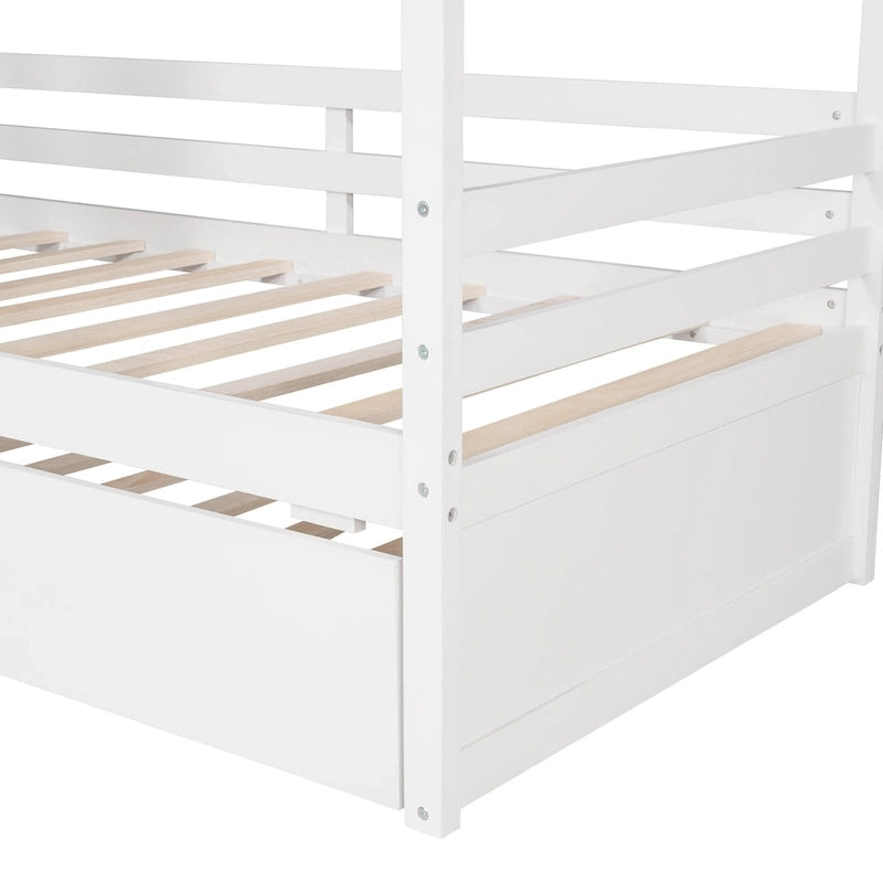 Lit cabane double en pin naturel avec garde-corps et lit gigogne double – 1 personne