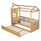 Lit cabane double en pin naturel avec garde-corps et lit gigogne double – 1 personne