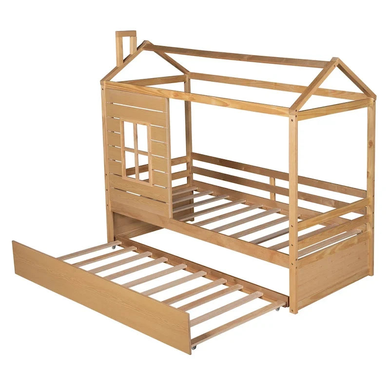 Lit cabane double en pin naturel avec garde-corps et lit gigogne double – 1 personne