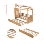 Lit cabane double en pin naturel avec garde-corps et lit gigogne double – 1 personne