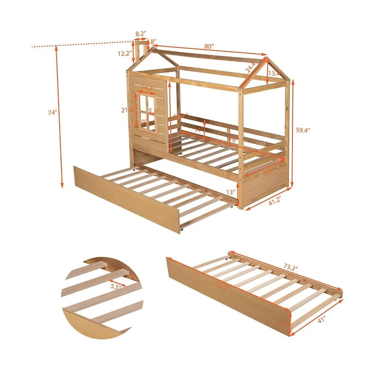 Lit cabane double en pin naturel avec garde-corps et lit gigogne double – 1 personne