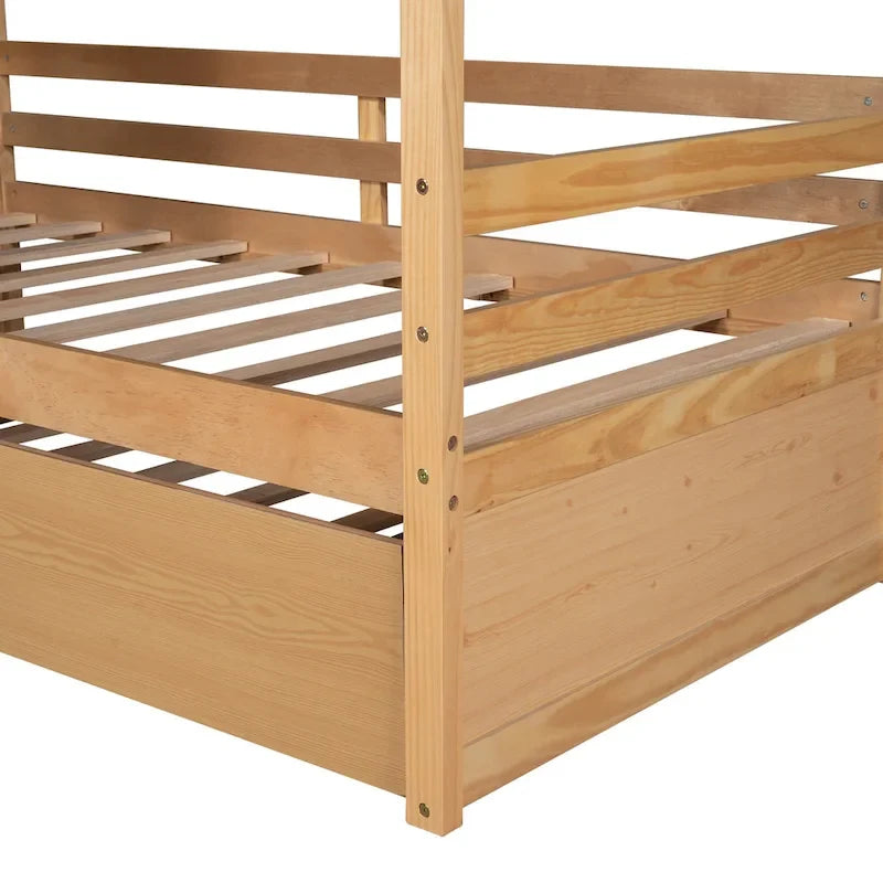 Lit cabane double en pin naturel avec garde-corps et lit gigogne double – 1 personne