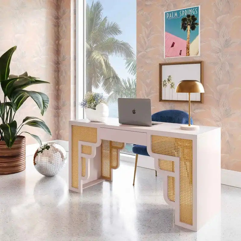 Bureau 1 tiroir en bois et rotin tressé avec bords arrondis et tiroir à fermeture douce – 1 personne – Crème / Rose corail / Bleu marine / Bleu pastel