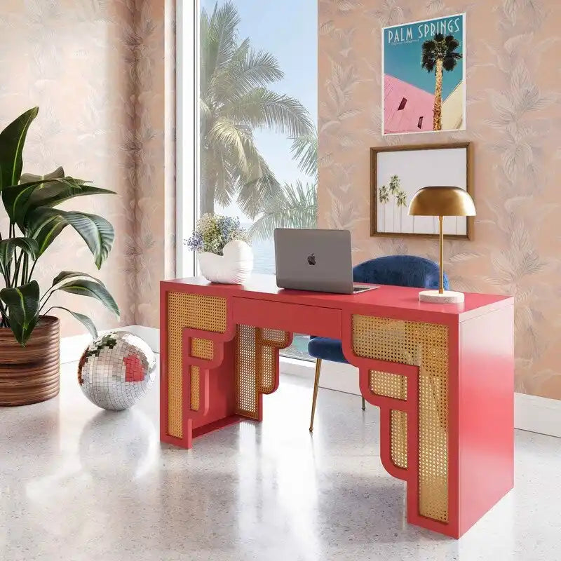 Bureau 1 tiroir en bois et rotin tressé avec bords arrondis et tiroir à fermeture douce – 1 personne – Crème / Rose corail / Bleu marine / Bleu pastel