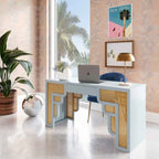 Bureau 1 tiroir en bois et rotin tressé avec bords arrondis et tiroir à fermeture douce – 1 personne – Crème / Rose corail / Bleu marine / Bleu pastel