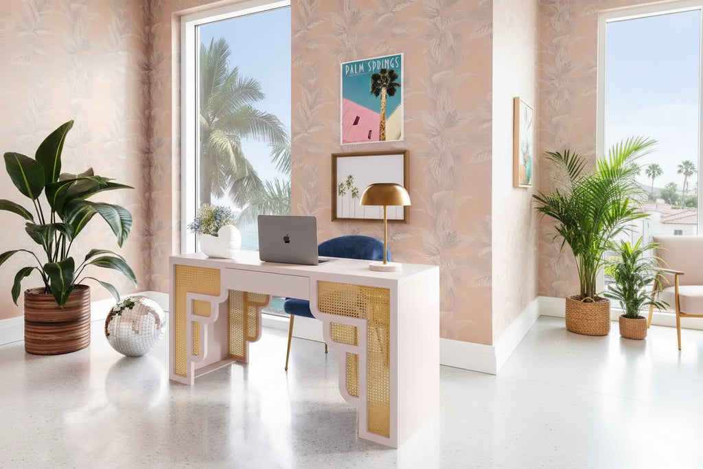 Bureau 1 tiroir en bois et rotin tressé avec bords arrondis et tiroir à fermeture douce – 1 personne – Crème / Rose corail / Bleu marine / Bleu pastel