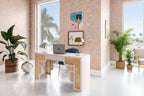 Bureau 1 tiroir en bois et rotin tressé avec bords arrondis et tiroir à fermeture douce – 1 personne – Crème / Rose corail / Bleu marine / Bleu pastel