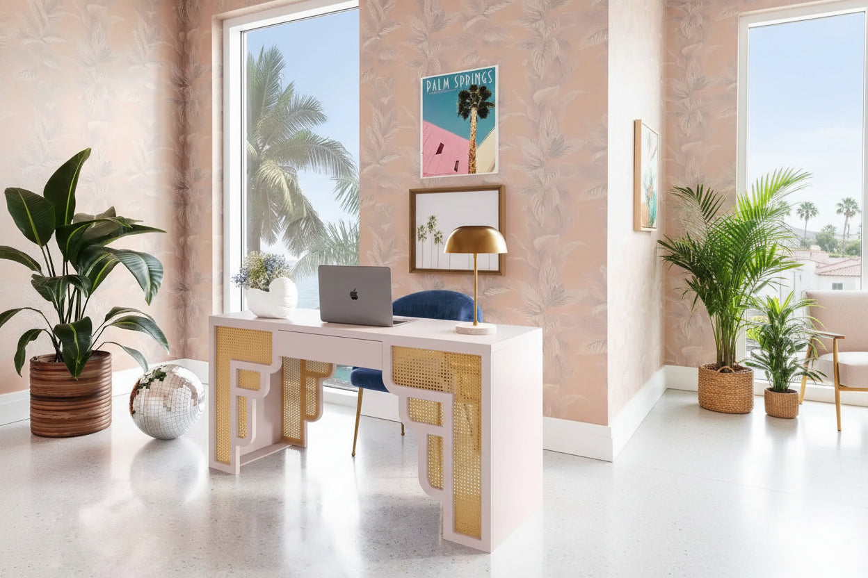 Bureau 1 tiroir en bois et rotin tressé avec bords arrondis et tiroir à fermeture douce – 1 personne – Crème / Rose corail / Bleu marine / Bleu pastel