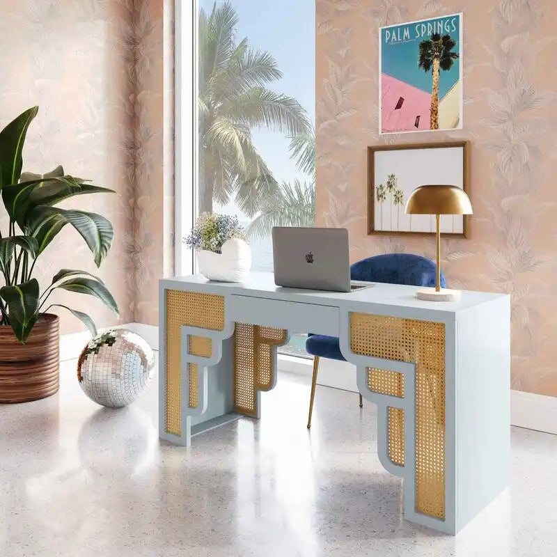 Bureau 1 tiroir en bois et rotin tressé avec bords arrondis et tiroir à fermeture douce – 1 personne – Crème / Rose corail / Bleu marine / Bleu pastel